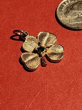 Vintage Gold Tone Four Leaf Clover Shamrock Charm Green Rhinestone Pendant